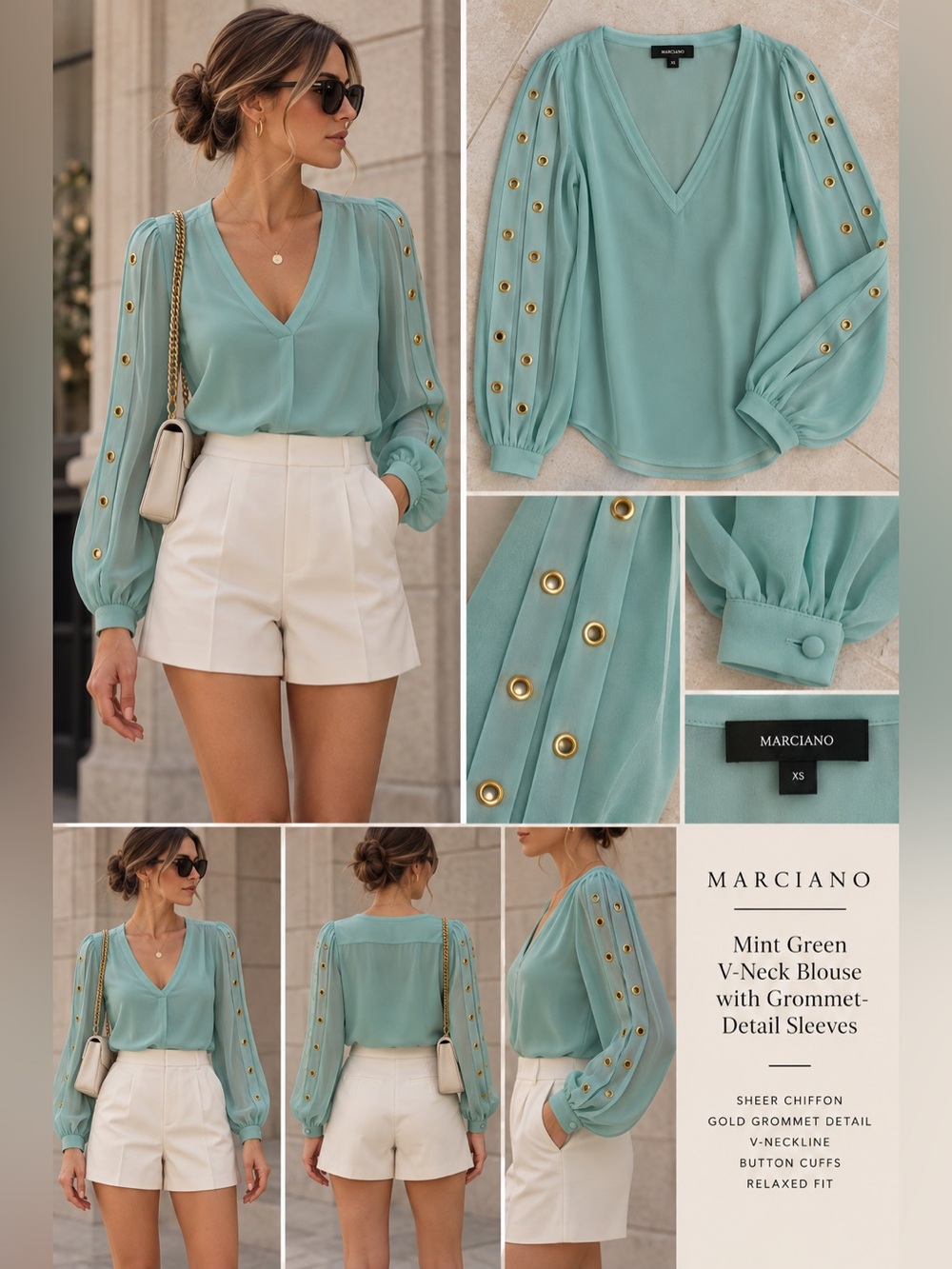Marciano Mint Green V-Neck Blouse with Grommet-Detail Sleeves xs